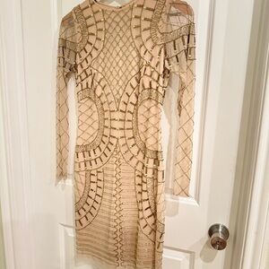 Gianni Bini Cream and Gold Bodycon Long Sleeve Cocktail Dress